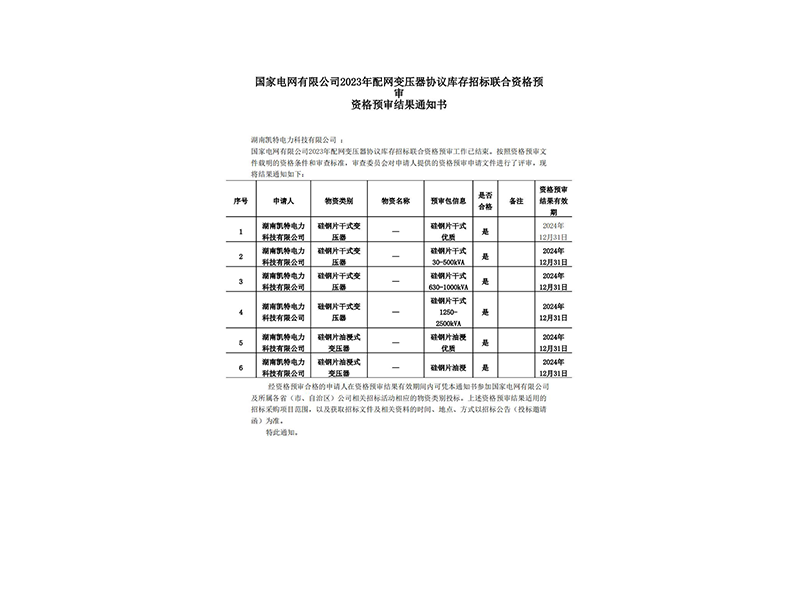 變壓器資格預(yù)審結(jié)果通知書(shū)